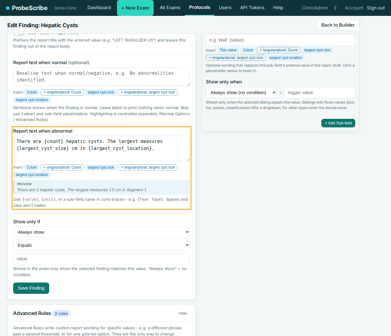 Report-text box with Insert placeholder chips and a live preview of the filled-in sentence