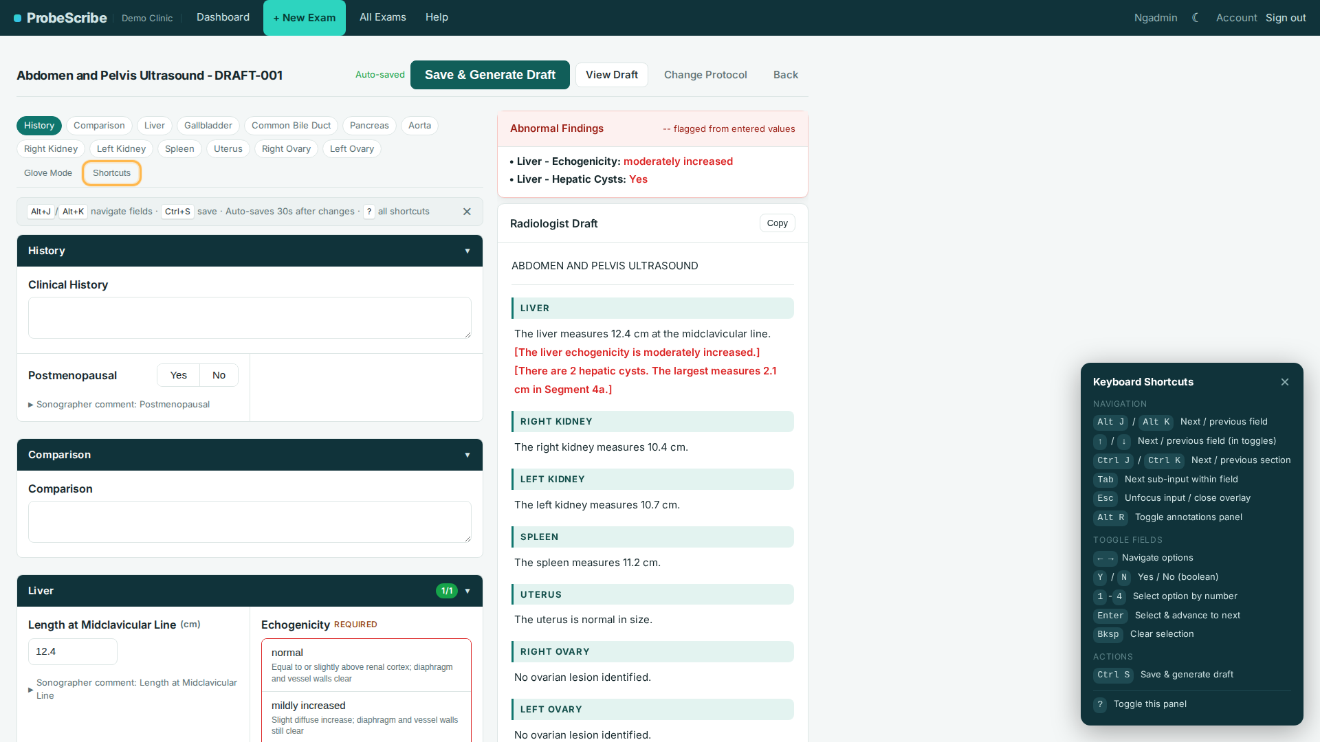 Exam form with the keyboard shortcuts overlay open