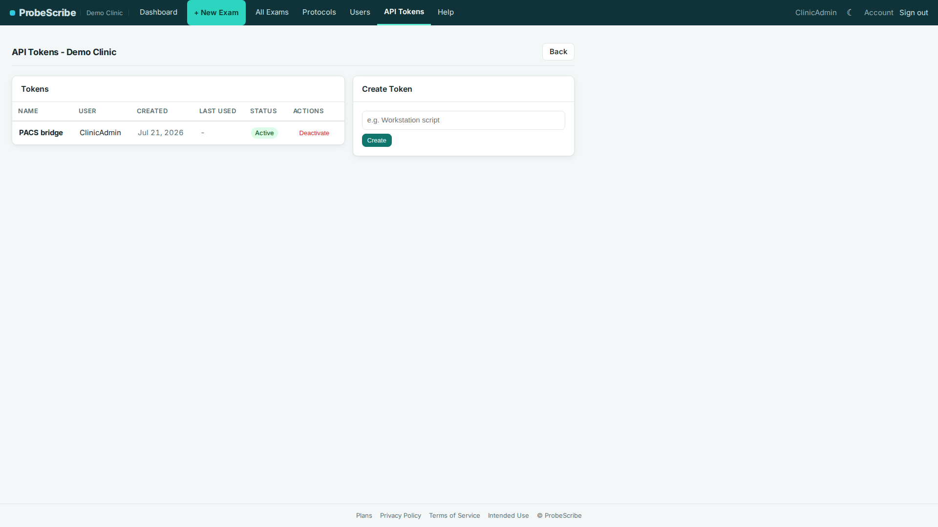 API Tokens page with one active token and a Create form