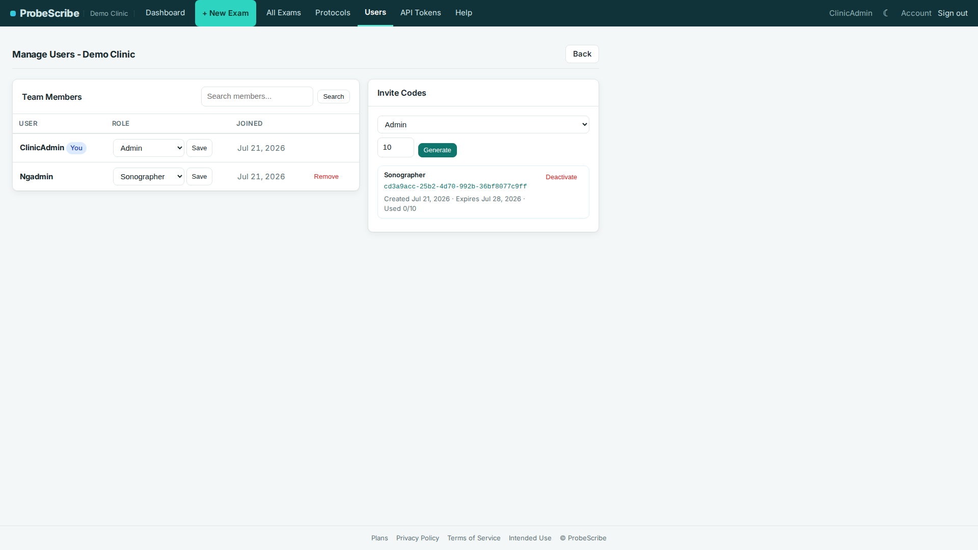 Manage Users page with team members and invite codes