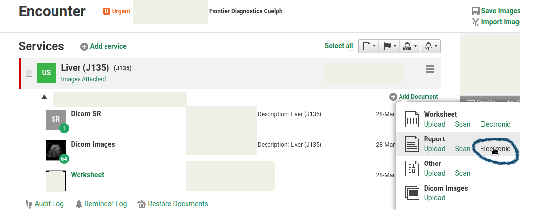 Velox Add Document menu with Electronic report option