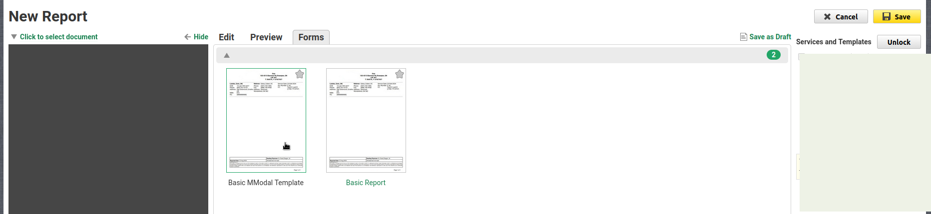 Velox New Report template selection screen