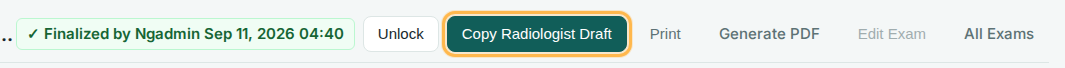 Report action bar with the Copy Radiologist Draft button highlighted