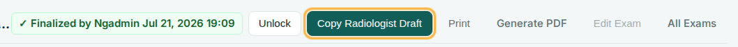 Report action bar with the Copy Radiologist Draft button highlighted