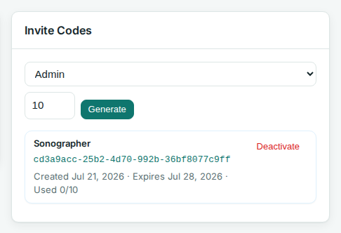 Invite Codes card: role picker, max uses, Generate button