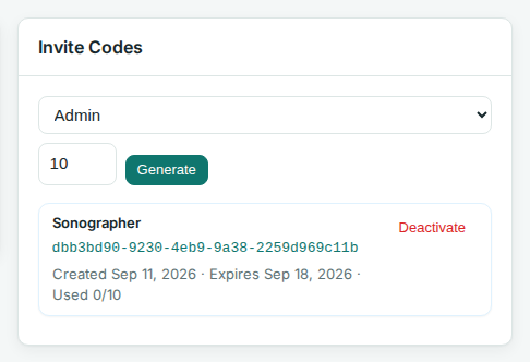 Invite Codes card: role picker, max uses, Generate button