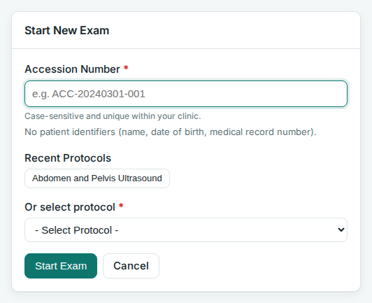 Start New Exam form