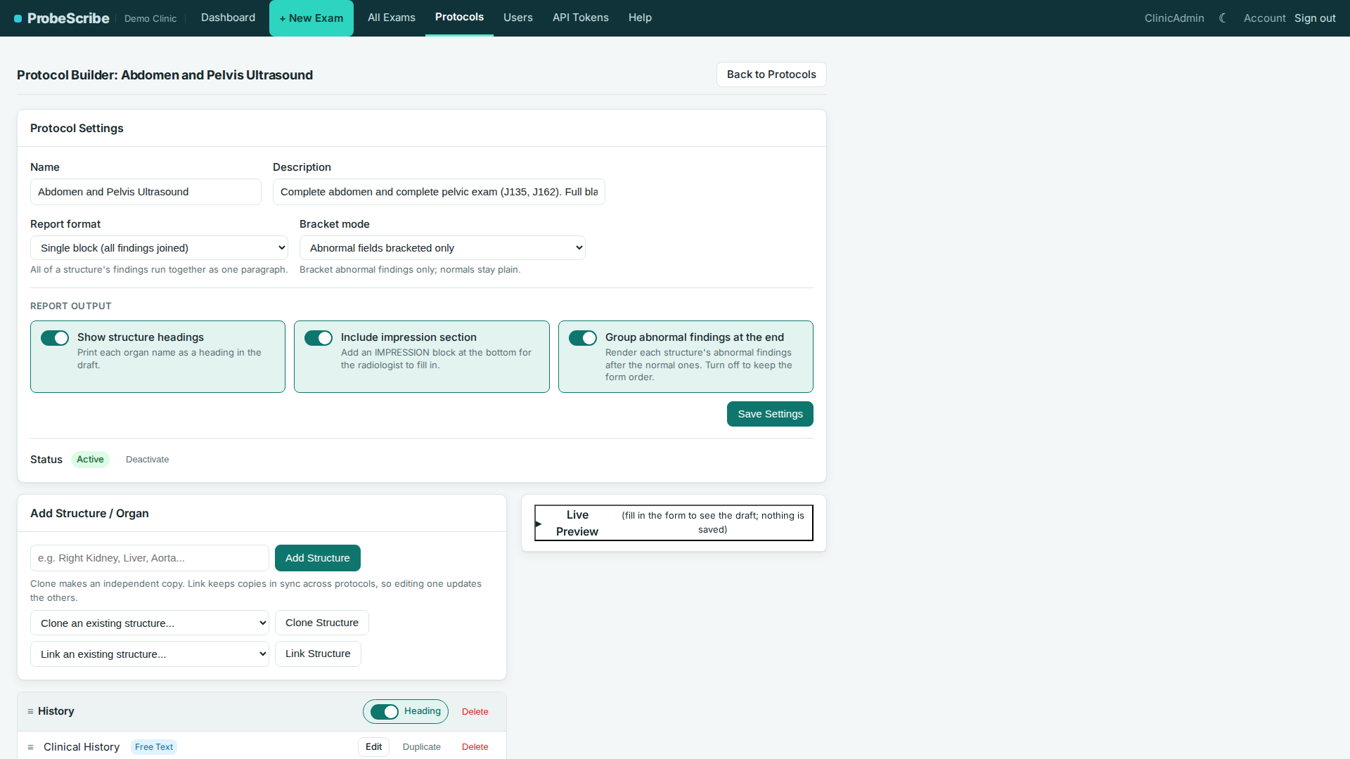 Protocol builder listing structures and findings for an exam template